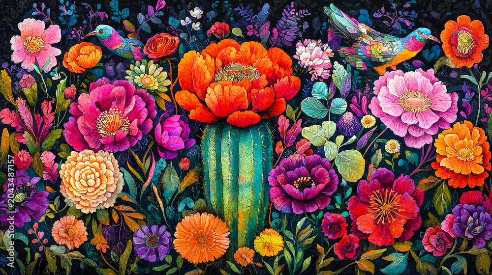 Fototapeta premium Colorful Flowers and Birds Create a Lively Scene in a Garden Filled With Various Blooms and Vibrant Details During Daytime