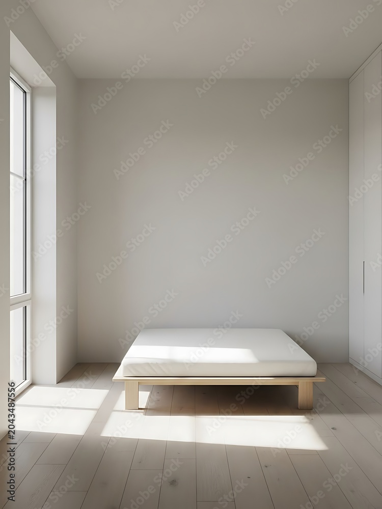 Fototapeta premium Minimalist empty bedroom interior with wooden platform bed and natural sunlight