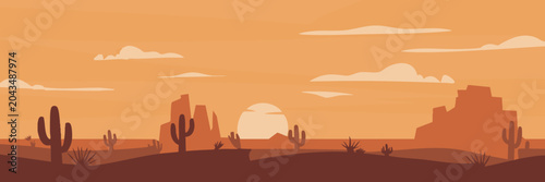 Fotografie cactus arid landscape with sun on horizon and cloud layers