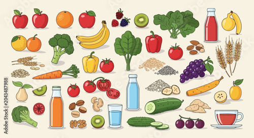 Healthy Food Collection - Fresh Fruits, Vegetables, and Grains for a Balanced Diet.