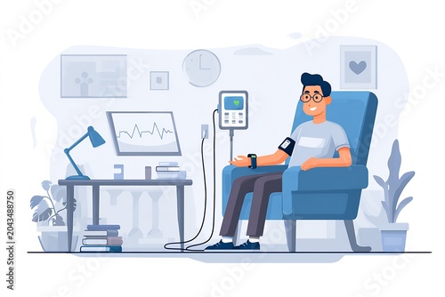 Patient seated in clinic chair receiving IV infusion with vital signs monitor and blood pressure cuff