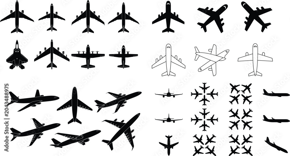 Fototapeta premium Airplane Silhouette Collection Featuring Commercial Passenger Aircraft Top View Side View and Aviation Icons