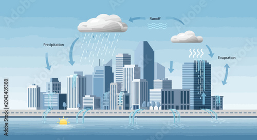 Photos Urban Water Cycle Illustration with Cityscape and Clouds.