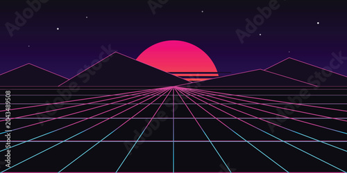 Retro 80s synthwave landscape with glowing sun and digital grid horizon