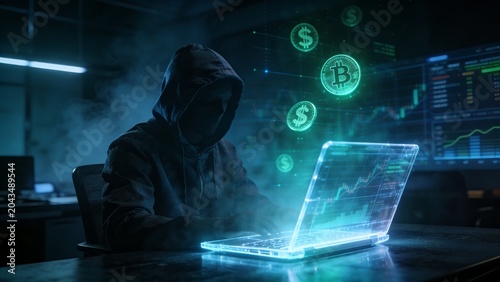 Generative AI depicts a hacker engaging with cryptocurrency in a dark digital environment