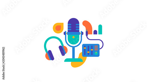 Professional Microphone With Headphones And Audio Gear.
