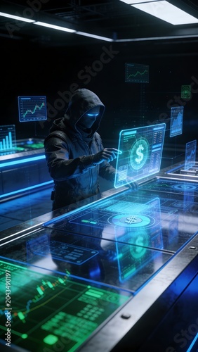 Generative AI depicts a hacker in a dark room interacting with digital financial data