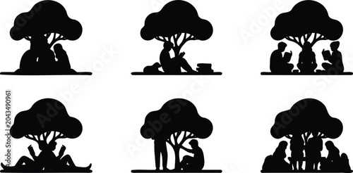 Collection of Silhouettes of People Reading Books Underneath Trees Representing Knowledge and Learning