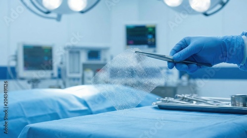 Surgeon holding a surgical mesh with forceps during a hernia repair operation in a modern hospital operating room.