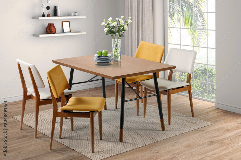 Fototapeta premium 3D render of a bright and modern dining room. The scene features a clean interior with a large window, indoor plants, and decorative wall shelves.