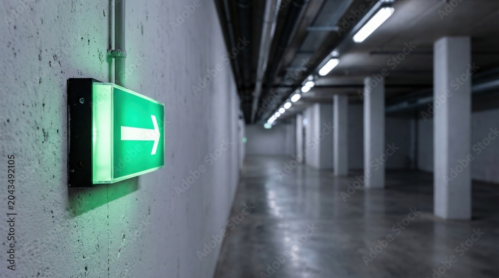 Obraz premium Green illuminated emergency exit sign with arrow on a concrete wall in an empty underground parking garage.