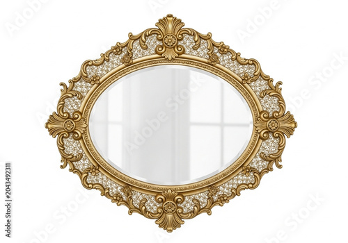 Gold ornate oval mirror frame with green and clear decorations