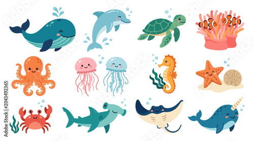 Ocean Sea Life Marine Animal Flat Illustration Vector Set with Whale Dolphin Turtle Octopus Jellyfish Seahorse and Coastal Design
