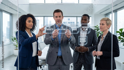 Diverse business professionals interacting with transparent display for strategic planning and growth.