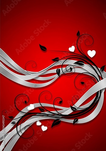 Red background with silver ribbons black floral swirls and white hearts