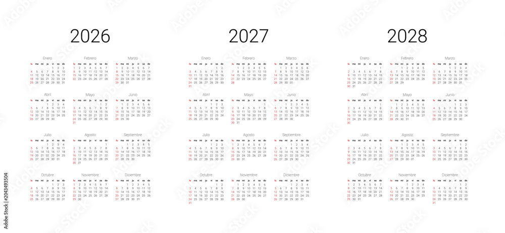 Fototapeta premium Spanish 2027, 2028, 2026 calendar. Vector illustration design template start from Sunday for wall background. Full months for wall calendar