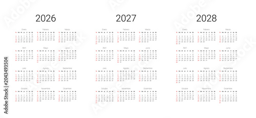 Spanish 2027, 2028, 2026 calendar. Vector illustration design template start from Sunday for wall background. Full months for wall calendar