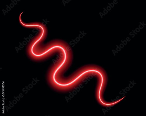 Glowing red neon wavy line on black background with abstract electric luminous