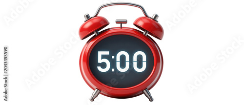 Red Alarm Clock Showing 5 O'Clock Isolated