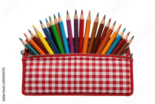 Red and White Checkered Pencil Case Filled with Colored Pencils