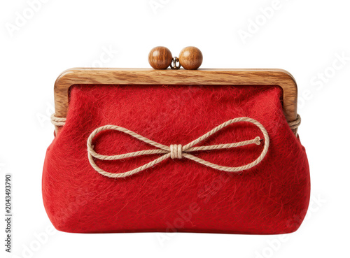 Red Felt Clutch Bag with Rope Bow and Wooden Clasp