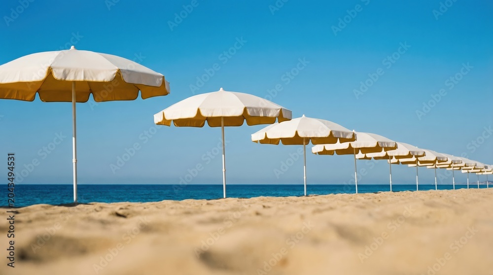 Fototapeta premium A row of white and yellow beach umbrellas on a sandy shore under a clear blue sky.