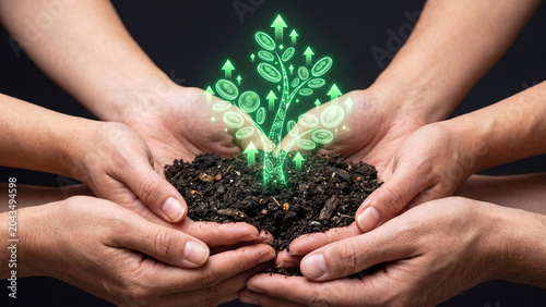 Multiple hands holding soil with glowing digital money tree, symbolizing financial growth, investment, and teamwork.