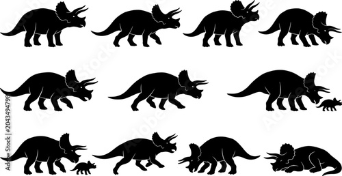 Triceratops dinosaur silhouette pack illustrating horned herbivores walking and grazing with their young offspring
