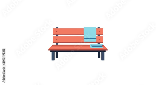 Wooden Park Bench with Blue Towels, Outdoor Relaxation and Leisure