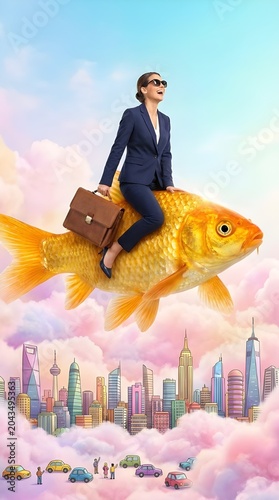 Businessman riding giant golden koi fish over futuristic cityscape in dreamy clouds