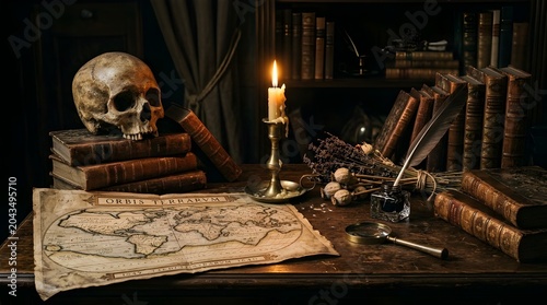 Dark alchemy laboratory with skull, antique books, and mystical tools in moody candlelight setting