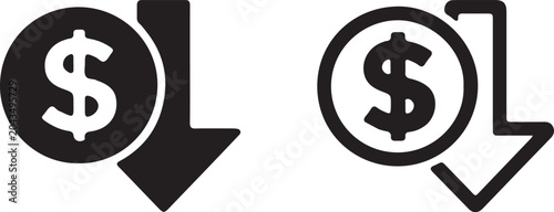 Quadro su tela Black and white money icons with down arrows