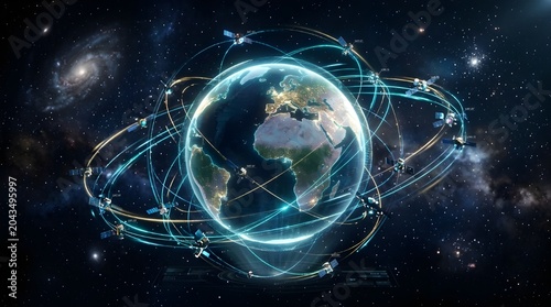 Digital Earth Surrounded by Glowing Cyber Network in Deep Space with Starry Background
