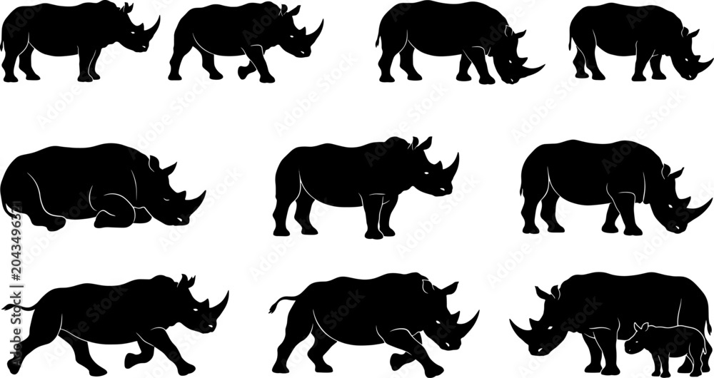 Fototapeta premium Rhinoceros silhouette set showing different walking standing and mother with calf poses for conservation graphics