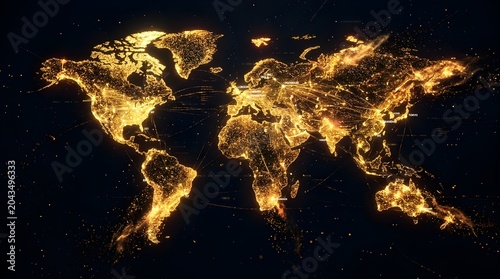 Illuminated World Map with Fiery Glow on Dark Background Abstract Concept
