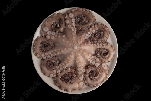 Whole raw octopus arranged on a white plate, showcasing its tentacles and suckers, symbolizing fresh seafood, culinary ingredients, and healthy gourmet preparation against a stark black background