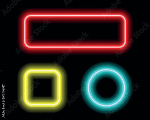 Neon illuminated red rectangle yellow square and cyan circle frames