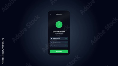Dark theme system backup successful confirmation screen on mobile phone user interface layout with green checkmark icon