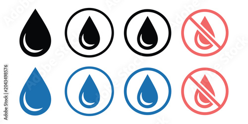 Photos Set of water drop icons in circles and crossed out prohibition signs on a transp