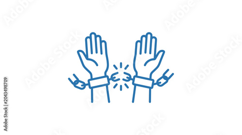 Tableau sur toile A blue line art illustration of two hands breaking free from broken metal shackles