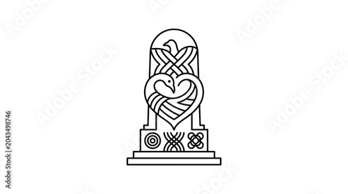 Принти на полотні Minimalist line art illustration of a stylized monument featuring intertwined birds and geometric symbols