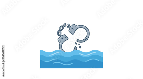 Billede på lærred A pair of broken metal handcuffs sinking into deep blue water.