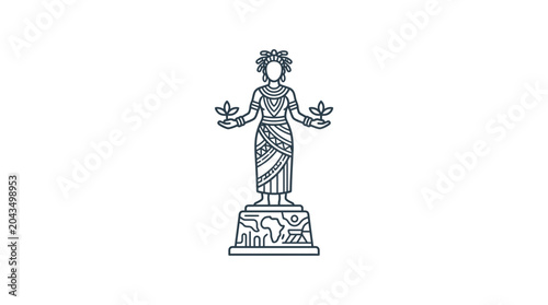 Schilderij op canvas Line art illustration of a female figure standing on a pedestal holding plants