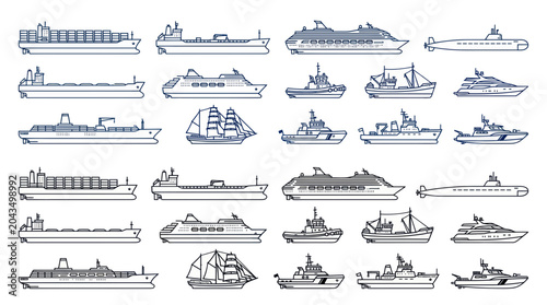 Canvastavla Collection of Various Ships and Vessels, Hand-Drawn Style