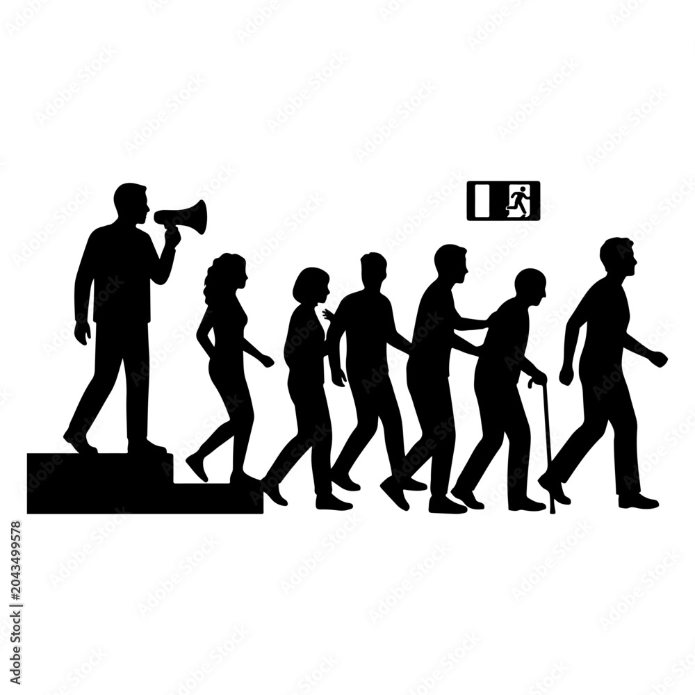 Obraz premium Leader with Megaphone Directing Diverse Group of Silhouettes Towards Exit Sign