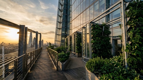 Modern rooftop garden terrace with sustainable vertical plants at sunset
