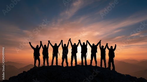 Silhouette of hikers on a hill summit with raised arms symbolizing victory