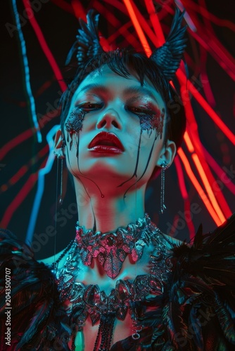 Dark, striking figure with glowing red and blue lighting. Facial makeup and antlers suggest fantasy or gothic themes. Necklace and feathered shoulders add dramatic flair