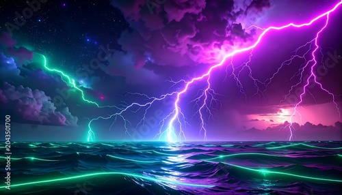 Vibrant Neon Lightning Striking Over Stormy Ocean at Night