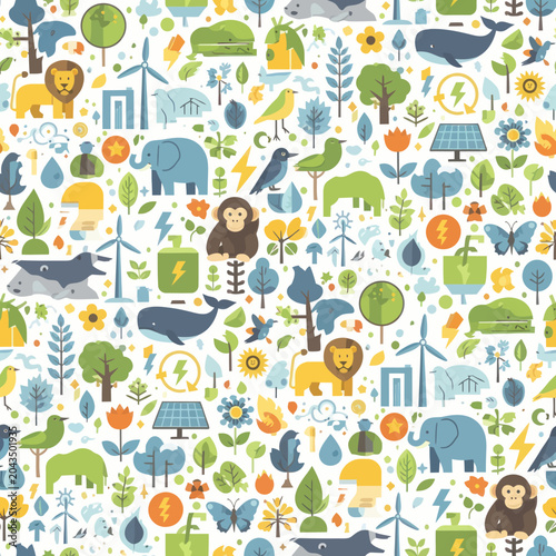 Photography Cute Cartoon Animals and Nature Elements Seamless Pattern.